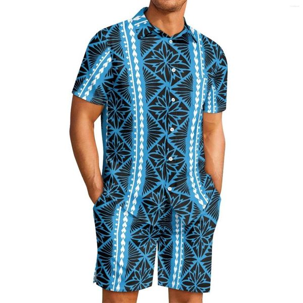 Chándales para hombres Polinesia Tribal Tongan Totem Tatuaje Tonga Impresiones Estilo para hombre Solapa Comodidad Transpirable Pantalones cortos de manga corta Traje deportivo azul