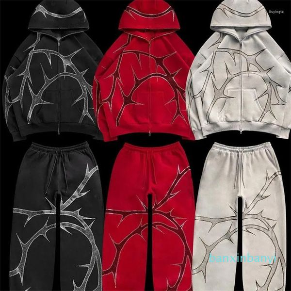 Survêtements pour hommes Imprimer Full Zip Sweat à capuche Lâche Ensemble Hommes Mode Streetwear Y2K Gothique Hip Hop Sweatshirts Vêtements