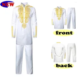 Chándales para hombre Conjunto de camisa y pantalones Dashiki africanos de 2 piezas en blanco puro Traje tribal con estampado dorado