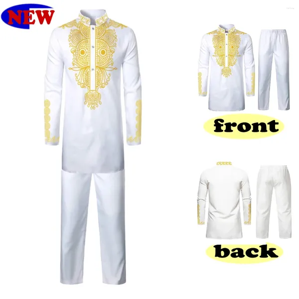 Survêtements pour hommes Blanc pur 2 pièces Chemise et pantalon africain Dashiki Ensemble Costume tribal imprimé doré