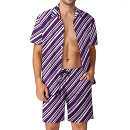 Survêtements pour hommes Purple And White Line Vacation Men Sets Candy Stripe Pattern Casual Shirt Set Summer Graphic Shorts 2 Piece Streetwear Suit