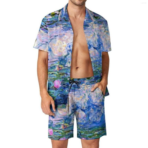 Survêtements pour hommes Purple Floral Design Vacances Hommes Ensembles Claude Monet Célèbre Peinture Chemise Casual Ensemble Short D'été 2 Pièces Costume Rétro Big