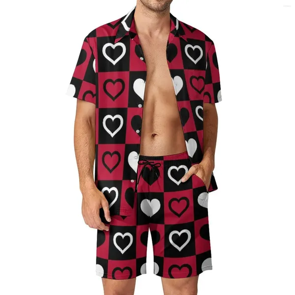 Suisses de survêtement masculines Red et Black Check Print Vacation Vacation Men Set Casual Shirt Set Summer Custom Shorts 2 Pieds Streetwear Costume Big Taille