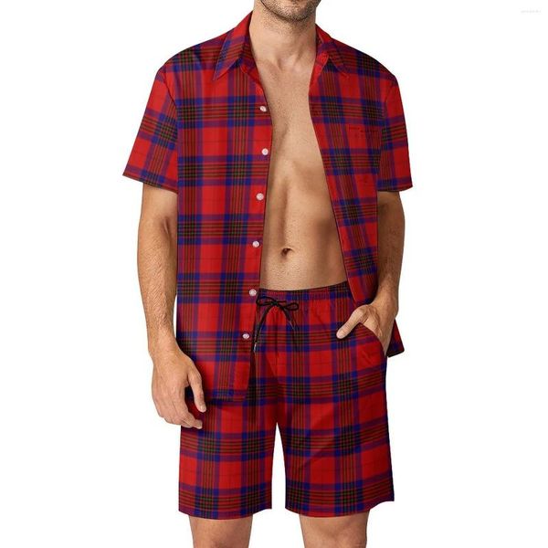 Suits-survains masculins Red Black Plaid sets hommes Vérifiez les shorts décontractés de la chemise de plage ensemble d'été