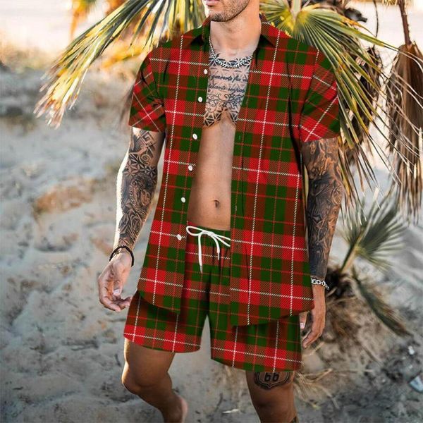 Survêtements pour hommes chemise à carreaux rouge et short ensemble pour hommes été mode plage à manches courtes 2 pièces luxe respirant costume hawaïen