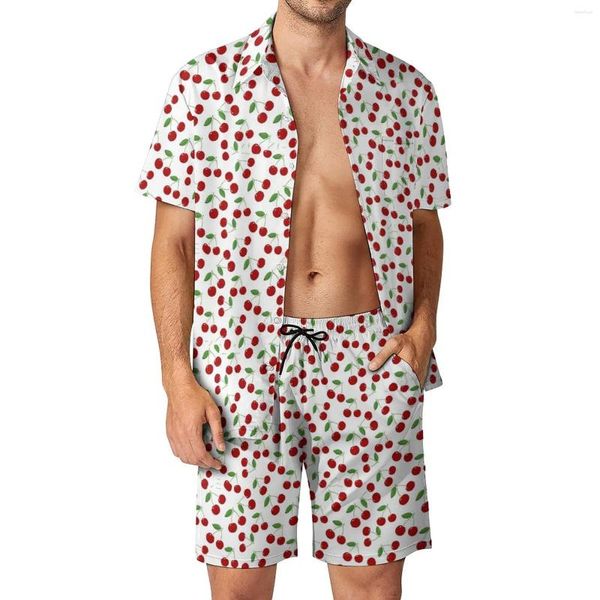Survêtements pour hommes Cerises rouges Imprimer Hommes Ensembles Fruits mignons Hawaii Chemise décontractée Ensemble à manches courtes Short graphique Costume de vacances d'été Plus Taille