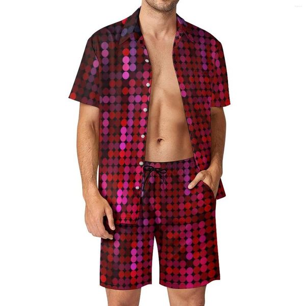 Chándales para hombre, ropa de playa con bola de discoteca roja, conjuntos para hombre con estampado de lentejuelas rosa, conjunto de camisa informal, pantalones cortos de verano, traje hawaiano de dos piezas 2XL 3XL