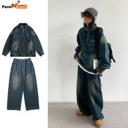 Heren trainingspakken Retro Denim Set Heren Losse Vintage Cowboy Capuchon Trui Wijde pijpen Jeans Heren 2-delige Japanse Straat Lente Herfst Pakken