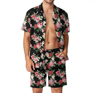 Survêtements pour hommes Rétro Fleur Imprimer Hommes Ensembles Rose Feuille Chemise Décontractée Ensemble Tendance Vacances Shorts D'été Costume Personnalisé 2 Pièce Vêtements Grand