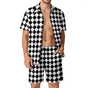 Tracksuits voor heren retro plaid mannen sets zwart -witte controles casual shorts vakantie shirt set zomer vintage pak korte mouw oversized