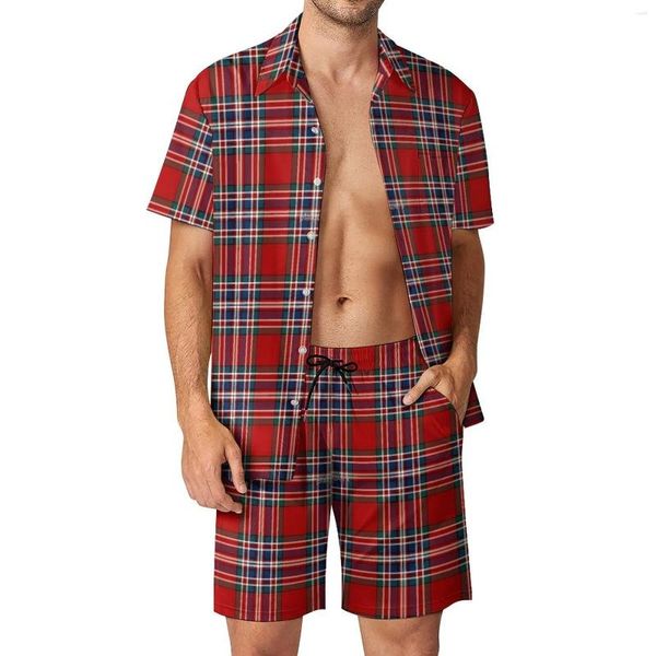 Suisses de survêtement masculines Retro Plaid Men Sets Red and Black Casual Shirt Set Aesthetic Beach Shorts Summer Summer Suit Two-Piece Clothes Plus taille