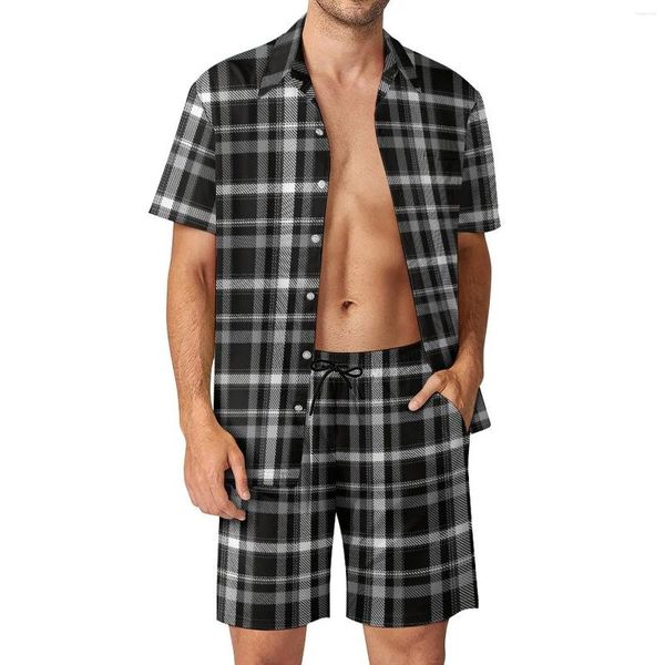 Parcours masculins Retro Plaid Vacation Men Set Men Black and White Check Casual Shirt Set Summer Imprimé Shorts 2 Pieces Fashion Suit Big Taille