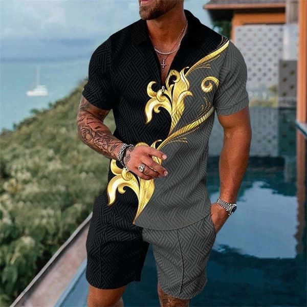 Survêtements pour hommes Retro Polo Set Summer Shorts d'athlétisme pour hommes 3D Print Revers Zipper Casual Shirt Set Fashion Street Clothing Vêtements pour hommes 230617