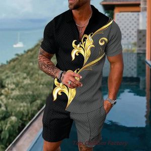 Survêtements pour hommes Polo rétro 2 pièces costume Hawaii homme décontracté manches courtes été or motif survêtement luxe revers fermeture éclair ensemble