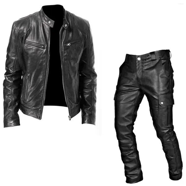 Trajes para hombres Retro Traje de dos piezas Hombres Moda PU Chaqueta de cuero Casual Stand Collar Motocicleta Solapa Cremallera Chaquetas Pantalones