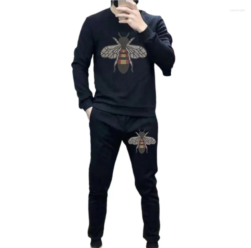 Men's Tracksuits Rhinestones Anime Fashion Long Sleeve Tracksuit Handsome Two Piece Suit Slim Casual Drill Suits