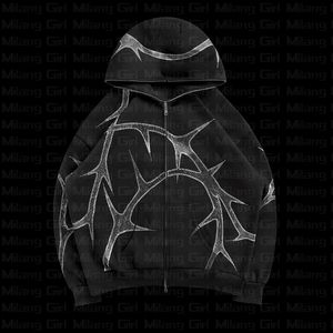 Heren Trainingspakken Strass Print Volledige Zip Hoodie Losse Set Mannen Mode Streetwear Y2k Gothic Hip Hop Sweatshirts Kleding