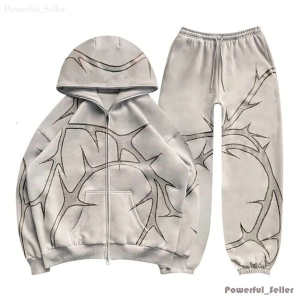 Survêtements pour hommes Strass Imprimer Full Zip Sweat à capuche Lâche Ensemble Hommes Mode Streetwear Y2K Gothique Hip Hop Sweatshirts Vêtements 8423