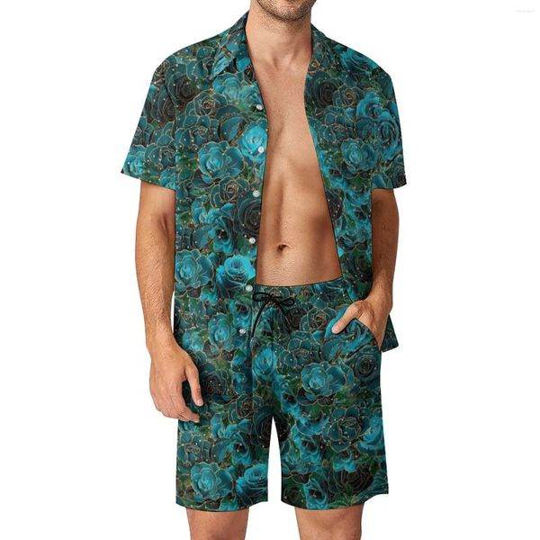 Survêtements pour hommes Rose Floral Hommes Ensembles Gold Glitter Fleur Casual Shorts Summer Vintage Beach Shirt Set à manches courtes Graphique Costume surdimensionné