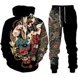 Tracksuits voor heren Samurai Oni Mask Tattoo 3d Print Hoodie/Suit Harajuku Street Clothing Set Brand Fashion Heren 2 stuks Tracksuit Sportskleding