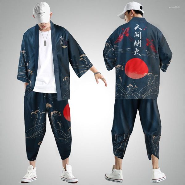 Survêtements pour hommes Samouraï Traditionnel Hommes Kimono Anime Vêtements Style Chinois Lettre Soleil Imprimer Cardigan Et Pantalon Ensemble Cosplay Yukata Chemise