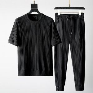 Ensemble de survêtements pour hommes haut pantalon survêtement hommes tenue ensembles couleur unie été O cou plissé T-shirts extensible Jogging HommeHommes