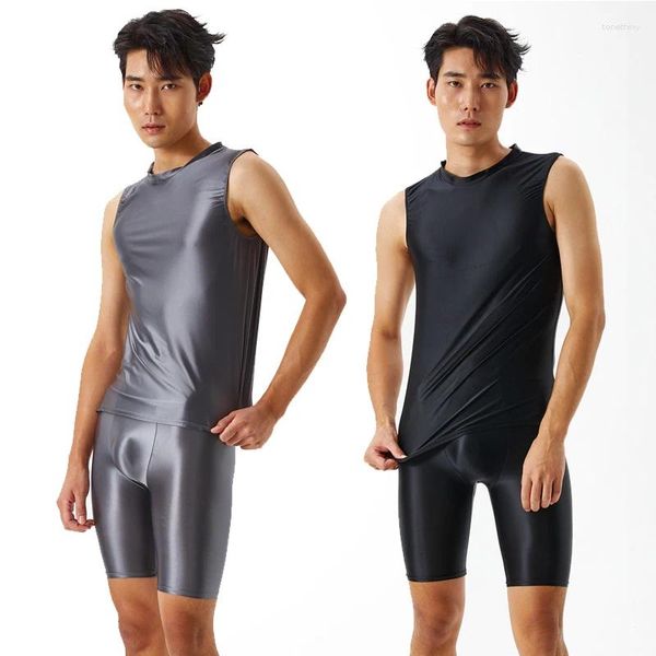 Survêtements pour hommes Sexy hommes soyeux brillant serré gilet transparent pantalon à cinq points short de fitness huileux brillant natation sport yoga costume plus taille