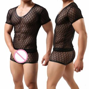Tracksuits voor heren sexy herenkleding set mesh zie door shirt mannen ondergoed mannelijke elkaarhof uitgehold uit fitness tops boksers shorts onderbroek