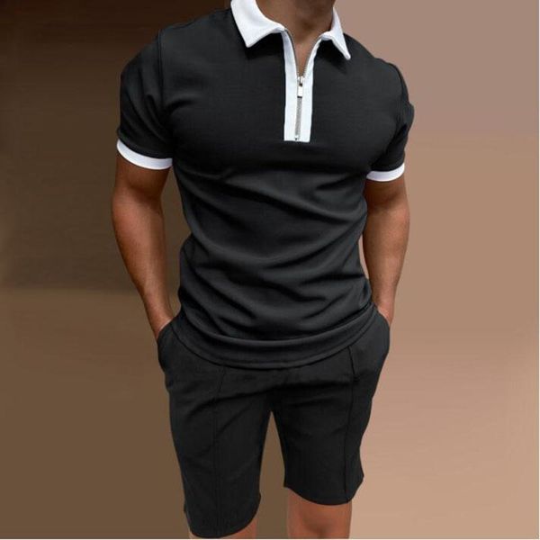 Camisa de chándal para hombre, verano 2023, moda para hombre, solapa, media cremallera, camiseta de manga corta, conjunto informal de color sólido para exteriores, conjunto de 2 piezas para hombre