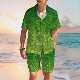 Ensemble de chemises de survêtement pour hommes cocotier imprimés graphiques Turndown vert jaune impression 3D rue décontracté vêtements à manches courtes