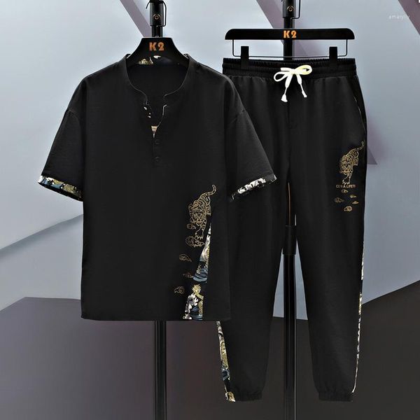 Survêtements pour hommes (pantalon chemise) Ensemble de style chinois T-shirt à manches courtes Pantalon Costumes brodés deux pièces Homme Vêtements de maison 2202