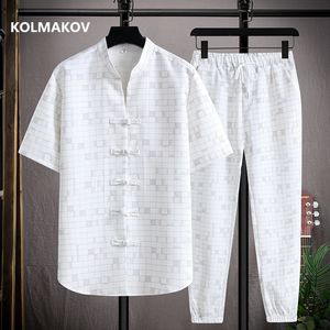 Tracksuits voor heren shirtbroeken zomer Chinese stijl mannen shirt katoenen geruite shirts heren casual elastische taille shirts heren maat m-5xl 230412