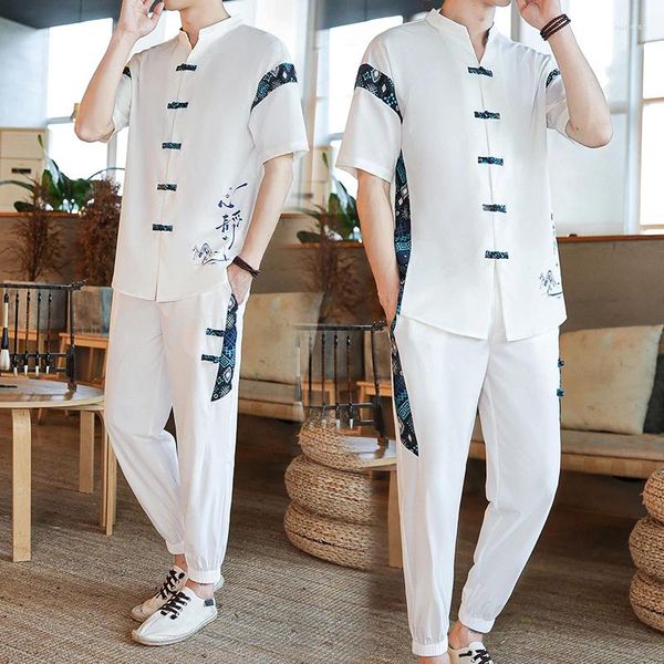 Survêtements pour hommes chemises pantalons été coton lin vêtements de sport ensembles décontractés printemps mode masculine pantalons de Style chinois et hommes