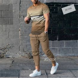 Chándales de manga corta para hombre, dos piezas, línea a juego, cláusula, estampado 3d, ropa deportiva de moda, traje, talla suelta S4XL, cuello redondo, 230222