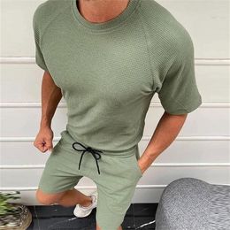 Agasalhos masculinos simples 2 pçs/conjunto chique resistente ao desgaste terno esportivo masculino cintura elástica agasalho manga curta para casa masculino