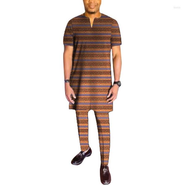 Chándales para hombre, diseño sencillo, camisa con cuello en V y estampado africano, pantalón con parche, conjuntos para hombre, camisetas de manga corta, pantalones, trajes nigerianos para hombre
