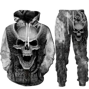 Suisses de survêtement masculines Skull 3D Sweats à capuche imprimés Set Pantalon d'hiver Automne Hommes Tracksuit Casual Sweashirt Pullover 2 Pieces Costume Vintage Men Outfits T240505