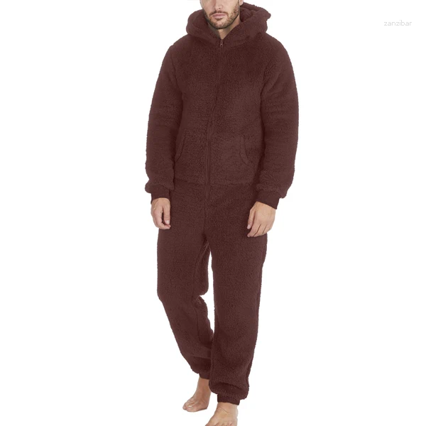 Survêtements pour hommes vêtements de nuit automne hiver pyjamas en laine d'agneau body hommes chaud laine solide fermeture éclair une pièce décontractée à manches longues à capuche combinaison