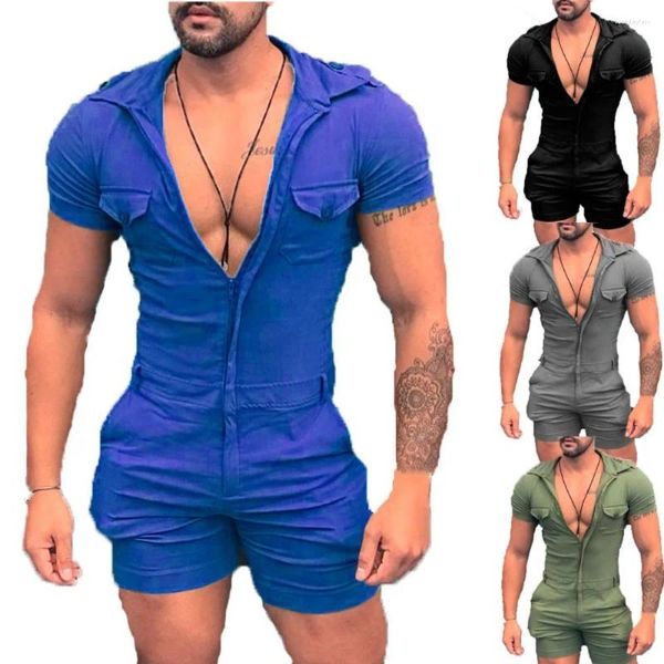 Survêtements pour hommes, couleur unie, body à capuche, short zippé, ensemble une pièce