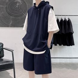 Men's Tracksuits Solid Color Men's Sleeveless Hooded Vest Shorts Set Summer Fashion Casual Loose Two Piece Male Streetwear ClothingMen's