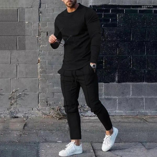 Chándales para hombres Traje de color sólido Camiseta de manga larga Pantalones Conjunto de 2 piezas Chándal Casual Ropa de calle masculina Ropa de gran tamaño Sudadera