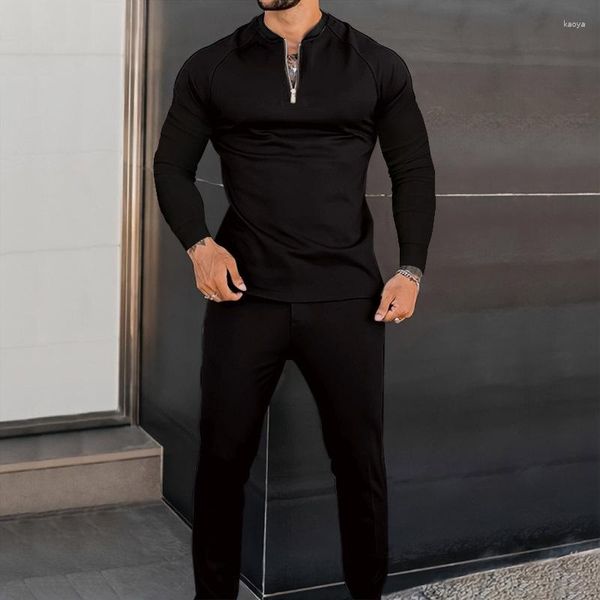 Survêtements pour hommes Couleur unie Zipper Splicing Hommes Polo Shirt à manches longues Printemps Été Business Casual Straight Mid-taille Pantalon Deux pièces