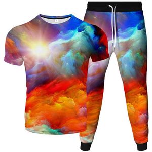 Tracksuits voor heren sportpak t-shirt joggen lange broek 2pc sets tracksuit kleurrijke lijn rook verf wolken print homme fashion clo