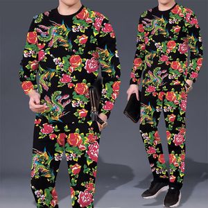 Chándales para hombre Primavera y otoño Camiseta de manga larga Pantalones Ropa de estilo chino de 2 piezas Estampado de patrón de Phoenix en 3D Sui informal para hombres