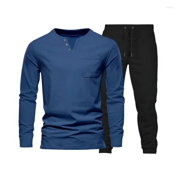 Survêtements pour hommes Printemps et automne Produit du commerce extérieur Couleur unie Casual Manches longues Henry T-shirt Pantalon Ensemble