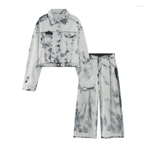 Chándales para hombres Primavera y otoño Vintage Tie Dyed Denim Set Polo Collar Chaqueta de un solo pecho Hombre Moda casual Pantalones sueltos Ropa