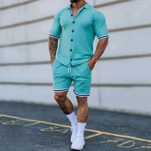 Chándales para hombres Primavera y verano Estallido Moda Europa Estados Unidos Cárdigan de solapa a rayas Casual Traje corto de manga corta