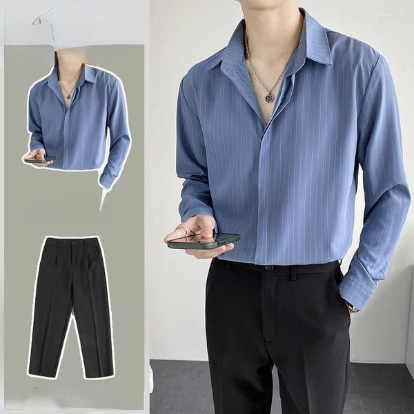 Survêtements pour hommes printemps et été mode costume hommes à manches longues chemises décontractées pantalon rayé plis mince beau deux pièces ensemble D99