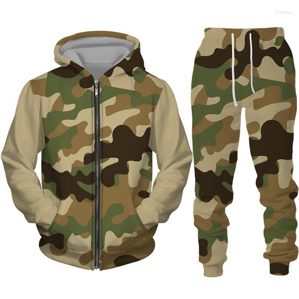 Chándales para hombres Primavera Otoño Camuflaje Estampado Cremallera Sudaderas/Pantalones/Traje Chaqueta con capucha militar al aire libre Ropa deportiva Chándal Conjunto de dos piezas