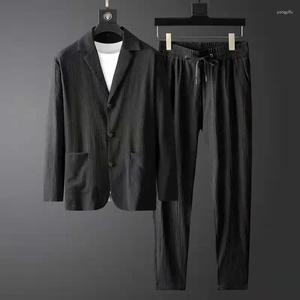 Survêtements pour hommes Printemps Automne Ensembles plissés Hommes Mode Casual Solide Blazer à manches longues et pantalons Costumes deux pièces Vêtements coréens en vrac